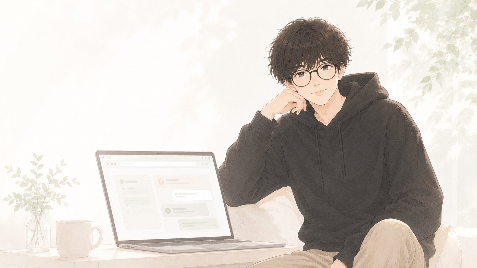 チャット画面のノートパソコンとパーカーの男性