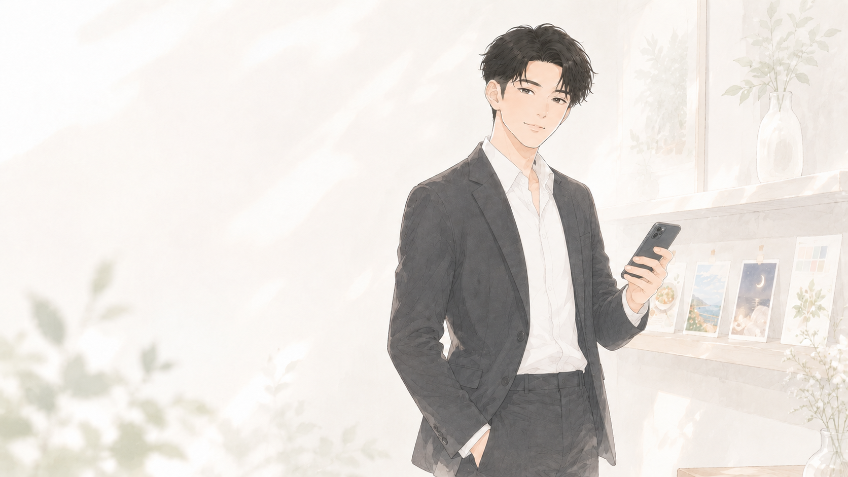 スマホを片手に持つスーツの男性